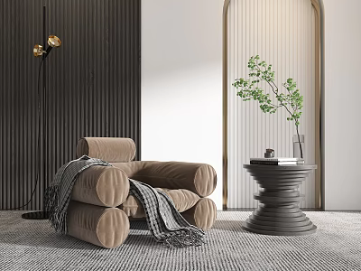 Brown Velvet Single Sofa With Cozy Throw Blanket Near Round Side Table And Green Plant 3d model