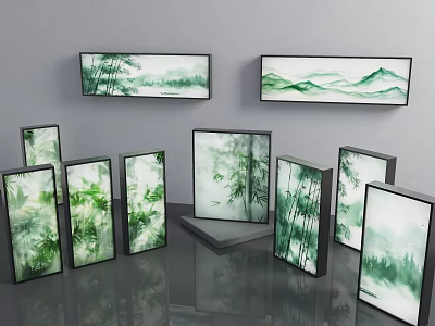 Modern Lightbox Decorative Pieces With Bamboo And Landscape Art In Various Sizes 3d model