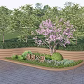 Wooden Scenic Wall in Tanghe Park with Green Trees Purple Flowering Tree and Lush Plants