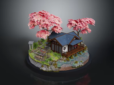 Traditional Architecture With Pink Cherry Blossom Trees Blue Roof Small Bridge Stream And Stone Lantern 3d model