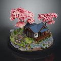 Traditional Architecture With Pink Cherry Blossom Trees Blue Roof Small Bridge Stream And Stone Lantern