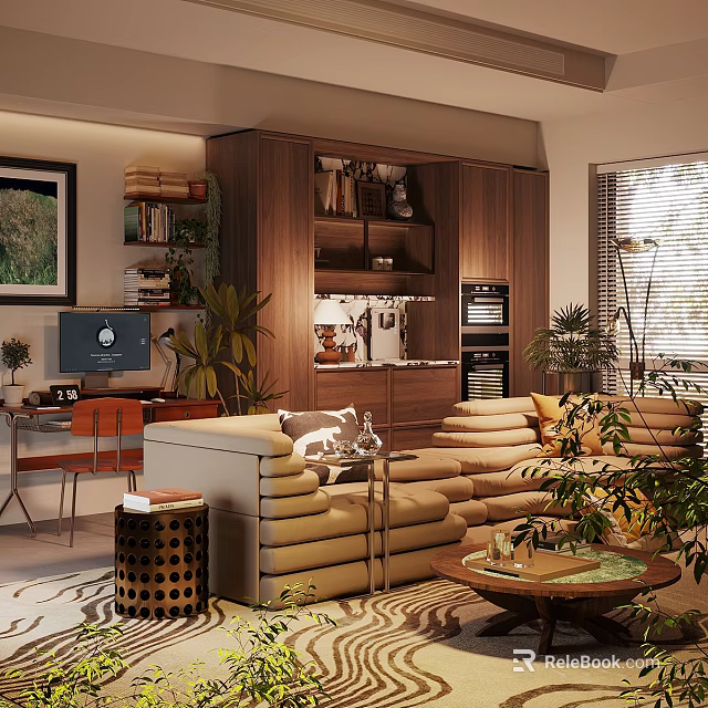 Warm Mid Century Living Room With Soft Sofa Wooden Storage And Lush Green Plants 3d model 
