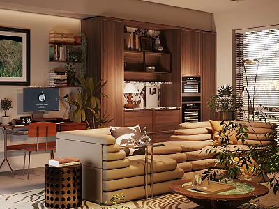 Warm Mid Century Living Room With Soft Sofa Wooden Storage And Lush Green Plants 3d model