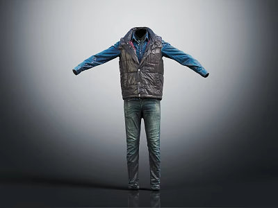 Gray Vest Blue Shirt And Jeans Displayed With Arms Outstretched On Gradient Gray Background 3d model