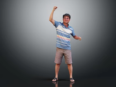 Man Raising Fist In Blue And White Striped Shirt Wearing Shorts And Sandals 3d model