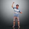 Man Raising Fist In Blue And White Striped Shirt Wearing Shorts And Sandals