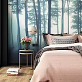 Double Bed With Forest Background Wall Modern Interior Design Pink Quilt Gray Throw And Pillows