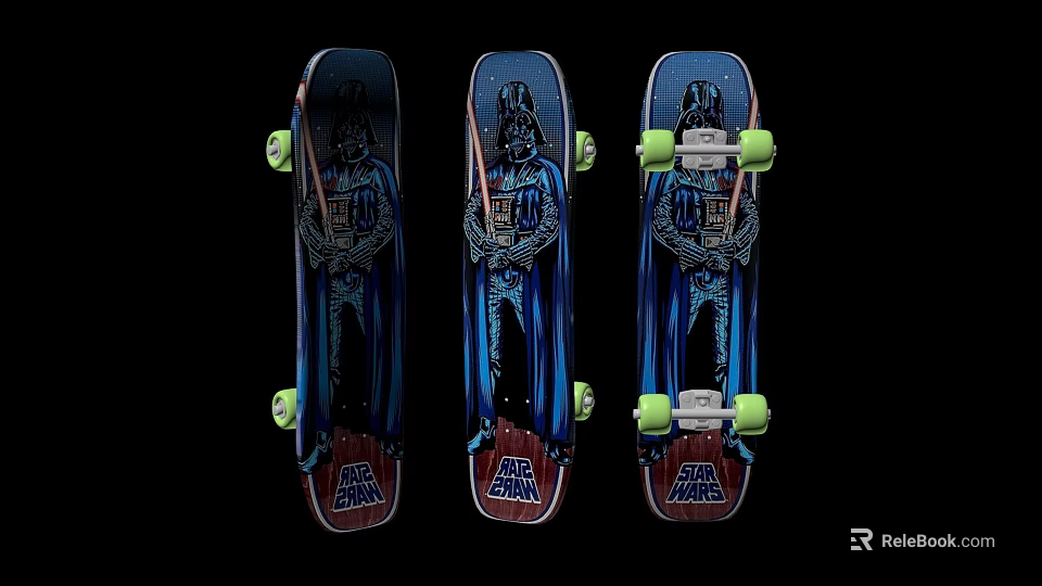 Three Star Wars Themed Skateboards With Darth Vader Graphic And Green Wheels For Sports Activities 3d model 