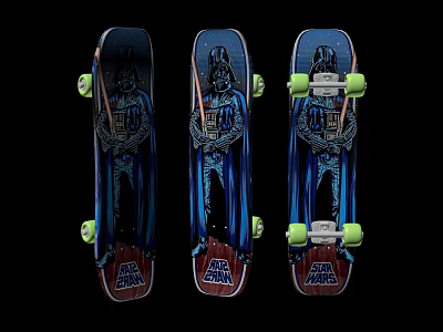 Three Star Wars Themed Skateboards With Darth Vader Graphic And Green Wheels For Sports Activities 3d model