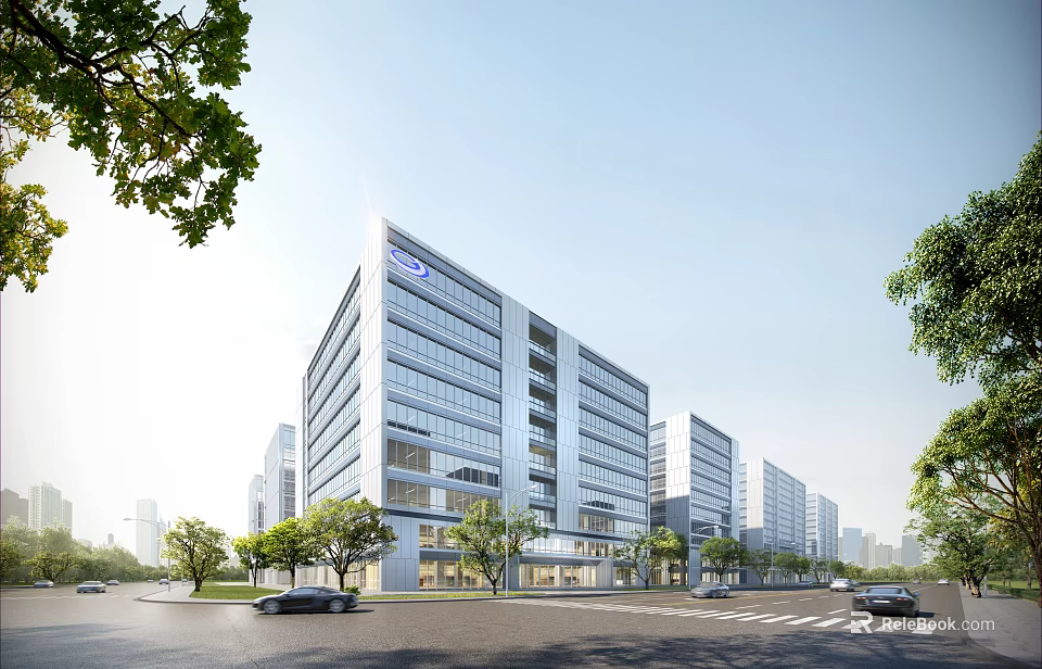 Modern Urban Office Building With Glass Curtain Wall Surrounding Trees And Road 3d model 
