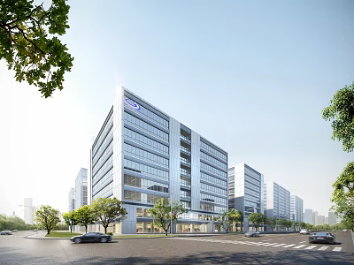 Modern Urban Office Building With Glass Curtain Wall Surrounding Trees And Road 3d model