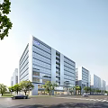 Modern Urban Office Building With Glass Curtain Wall Surrounding Trees And Road