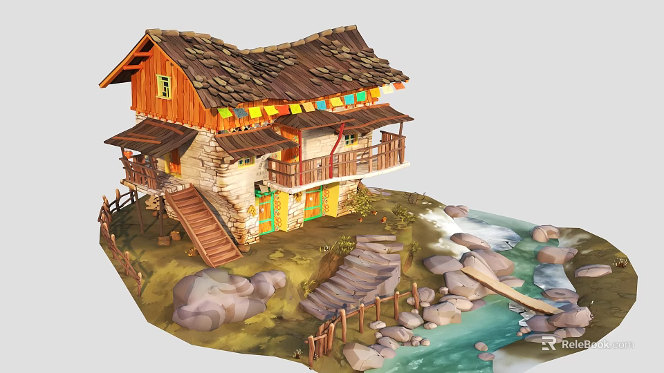 Traditional Cottage With Stone Walls Wooden Structure Tile Roof And Colorful Flags By Stream Rocks 3d model 