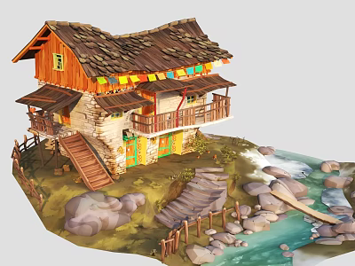 Traditional Cottage With Stone Walls Wooden Structure Tile Roof And Colorful Flags By Stream Rocks 3d model