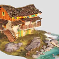 Traditional Cottage With Stone Walls Wooden Structure Tile Roof And Colorful Flags By Stream Rocks
