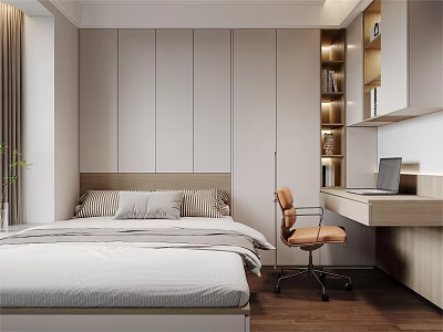 Modern Tatami Bedroom Interior Design With Tatami Bed Built-in Wardrobe And Study Desk 3d model