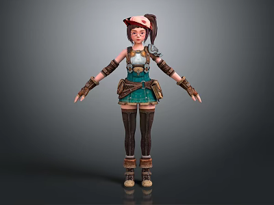 3D Fantasy Character With Pink Hair Green Skirt Brown Arm Guards Tool Belt And Boots 3d model