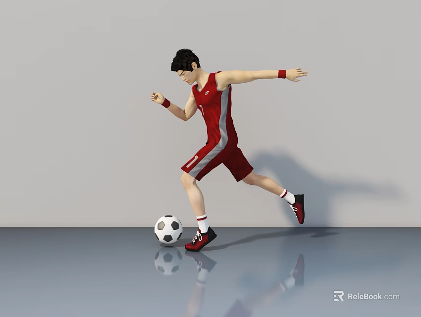 Man In Red Sports Uniform Kicking Soccer Ball On Shiny Floor 3d model 