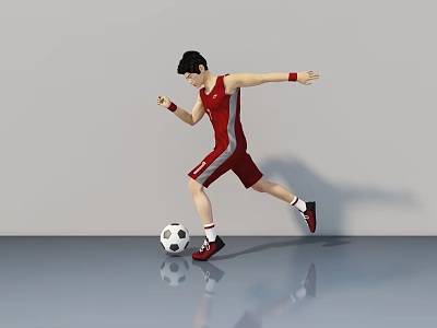 Man In Red Sports Uniform Kicking Soccer Ball On Shiny Floor 3d model