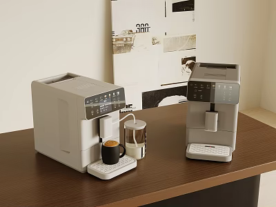 Modern Coffee Makers On Wooden Table With Coffee Cup And Milk Jug 3d model