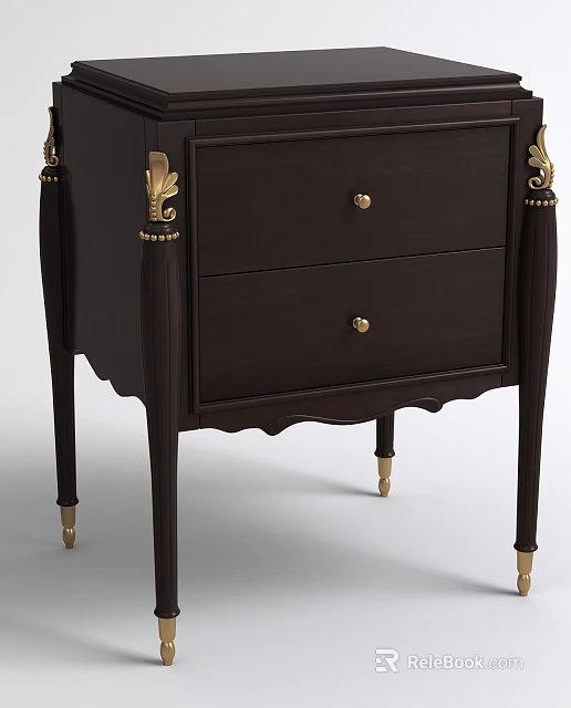 Elegant Dark Wood Bedside Table with Two Drawers Gold Accents and Carved Details 3d model 