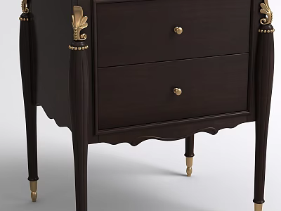 Elegant Dark Wood Bedside Table with Two Drawers Gold Accents and Carved Details 3d model