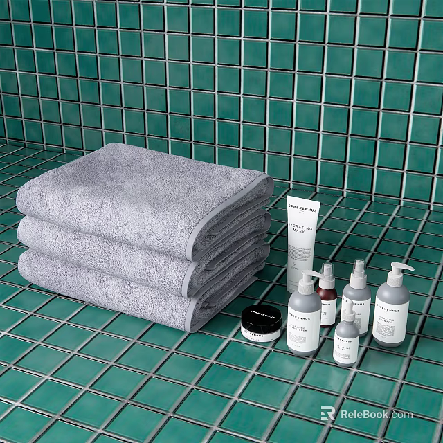 Practical Bathroom Accessories With Stacked Gray Towels And Toiletries On Green Tiles 3d model 