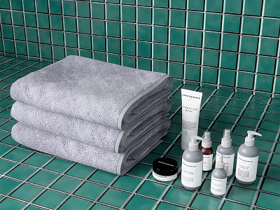 Practical Bathroom Accessories With Stacked Gray Towels And Toiletries On Green Tiles 3d model