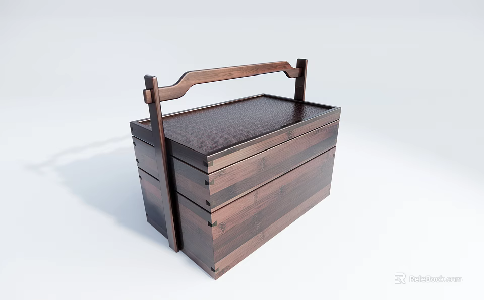 Dark Brown Wooden Storage Box With Carved Handle And Textured Surface 3d model 