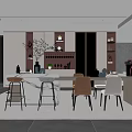 Modern Elegant Restaurant Interior With Open Concept Bar Counter Wine Cabinet Dining Table And Chairs
