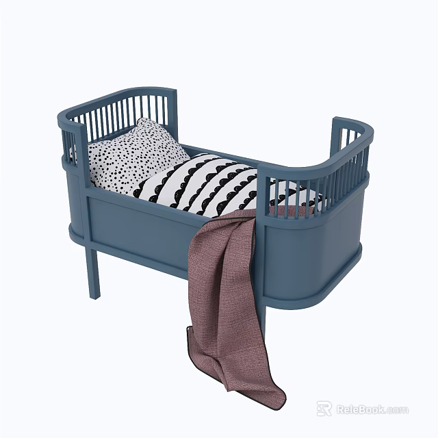 Blue Children's Bed With Polka Dot And Striped Pillows And Brown Blanket 3d model 