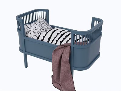 Blue Children's Bed With Polka Dot And Striped Pillows And Brown Blanket 3d model