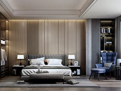 Modern Bedroom Interior Design With Wooden Paneled Walls Large Bed Nightstands Table Lamps And Armchair 3d model