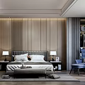 Modern Bedroom Interior Design With Wooden Paneled Walls Large Bed Nightstands Table Lamps And Armchair