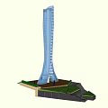 Modern Blue Glass Tower Featuring Sleek Structure And Green Base Design 3d model