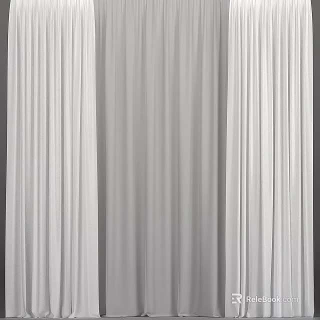 Soft White Pleated Curtains With Sheer Layered Design For Modern Window Interior 3d model 