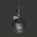 Vintage Wooden Ship With Multiple Masts And Black Sails On Reflective Surface