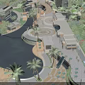 Aerial View Planning of Waterfront Leisure Area With Palm Trees Winding Walkways And Lush Greenery