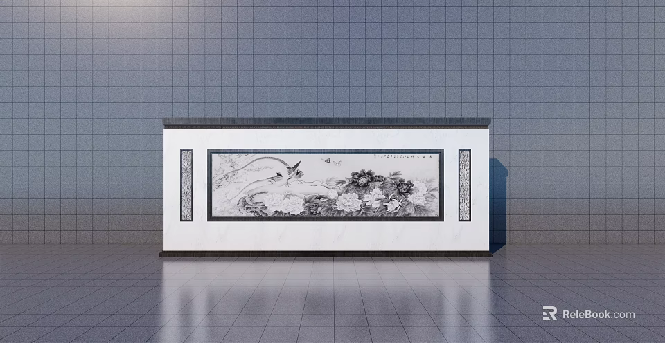 Modern Feature Wall With Black And White Lotus Pattern Flying Birds Gray Tiled Background 3d model