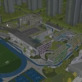 Modern School Building Complex With Sports Field Green Courtyard And Glass Facade