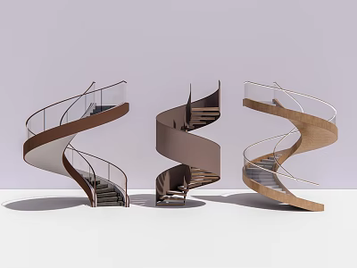 Three Modern Spiral Staircase Designs with Wooden Steps and Metal Railings 3d model