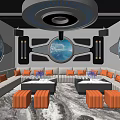 Modern KTV Interior Design Featuring Blue Lighting Circular Windows Sofas Orange Stools And Marble Floor