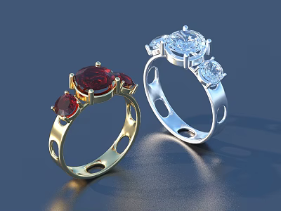 Gold and Silver Rings with Red and Clear Gemstones Jewelry Design 3d model