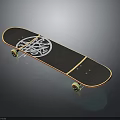 Stylish Black Skateboard Deck With White Graphic Design Yellow Wheels And Wooden Edge