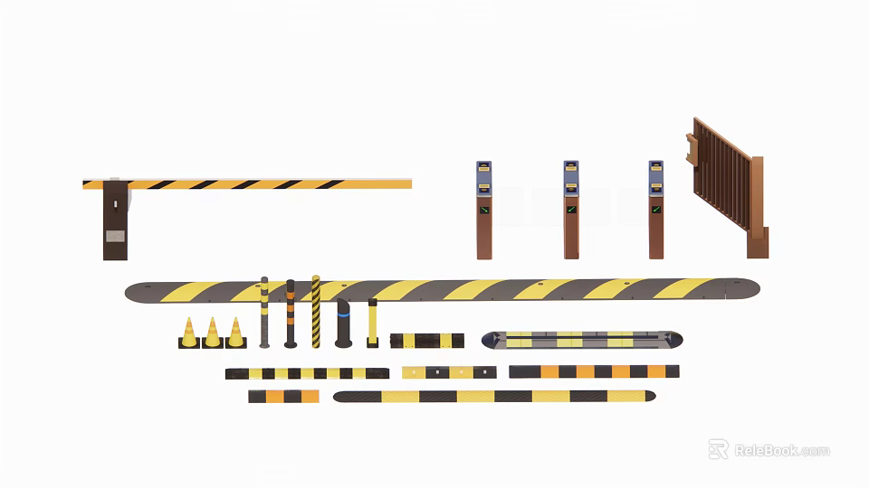 Road Facilities Including Barriers Warning Posts And Roadblocks With Yellow Black Stripes 3d model