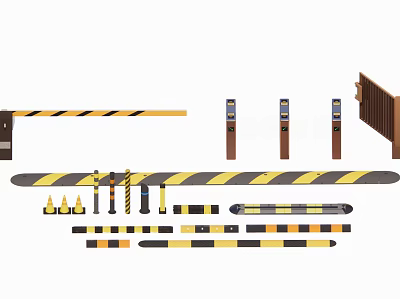 Road Facilities Including Barriers Warning Posts And Roadblocks With Yellow Black Stripes 3d model