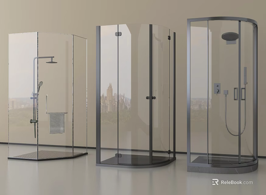 Three Modern Shower Enclosures With Transparent Glass And Stylish Shower Heads 3d model 