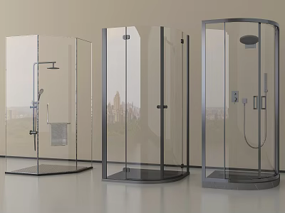 Three Modern Shower Enclosures With Transparent Glass And Stylish Shower Heads 3d model