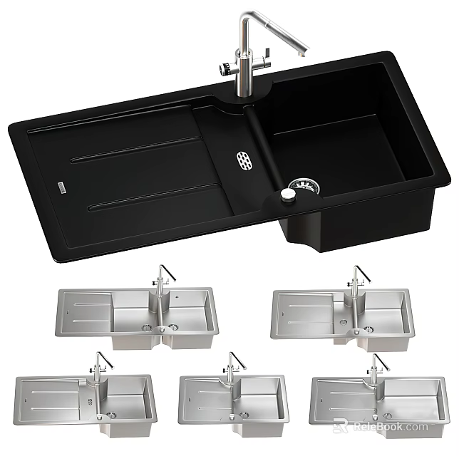 Black Double Bowl Kitchen Sink With Draining Board Faucet And Multiple Styles 3d model 
