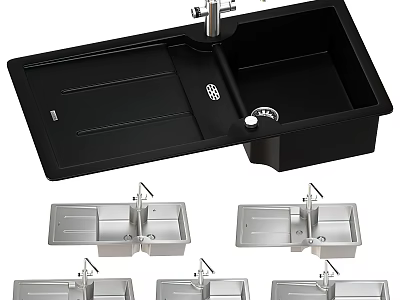 Black Double Bowl Kitchen Sink With Draining Board Faucet And Multiple Styles 3d model